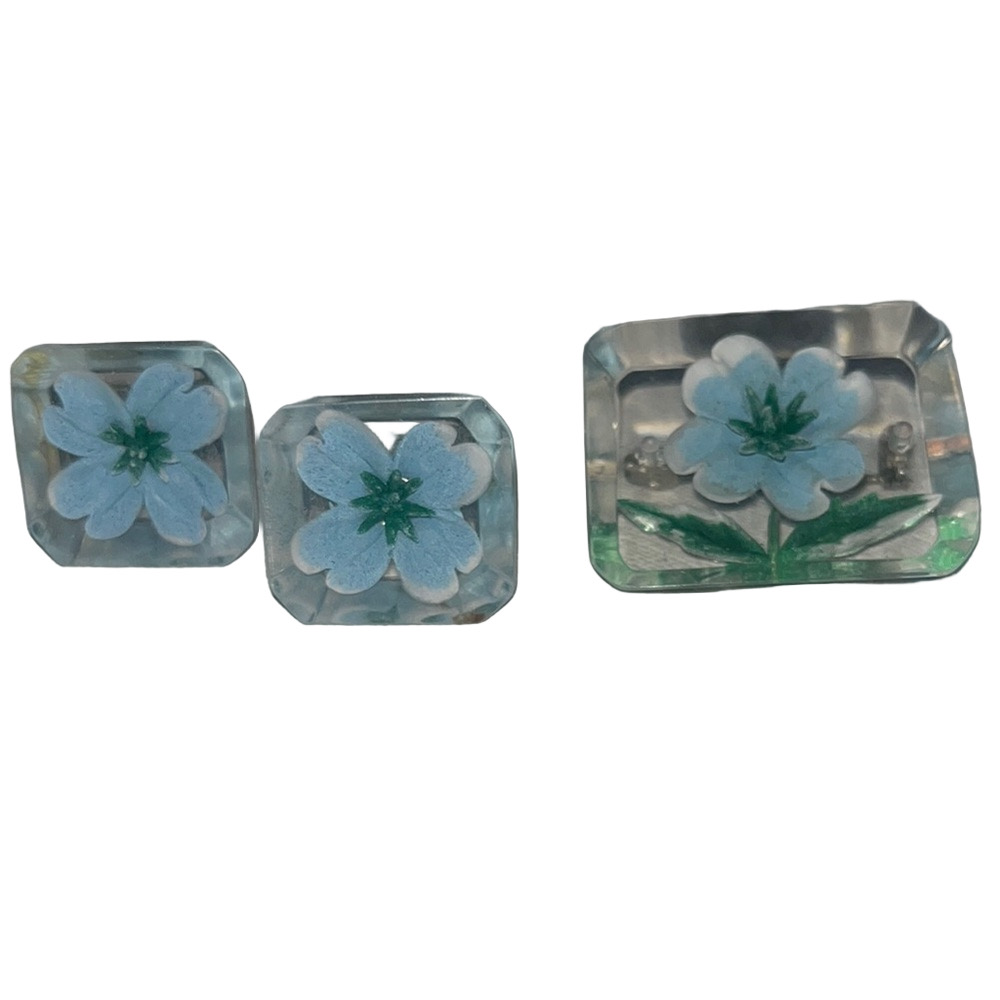 Vintage Blue Floral Lucite Screw Back Earrings and Brooch Set - Picture 1 of 5